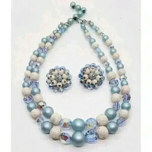 Vintage Necklace Clip Earrings Set Blue & Textured Bead AB Crystal 1950s Minty